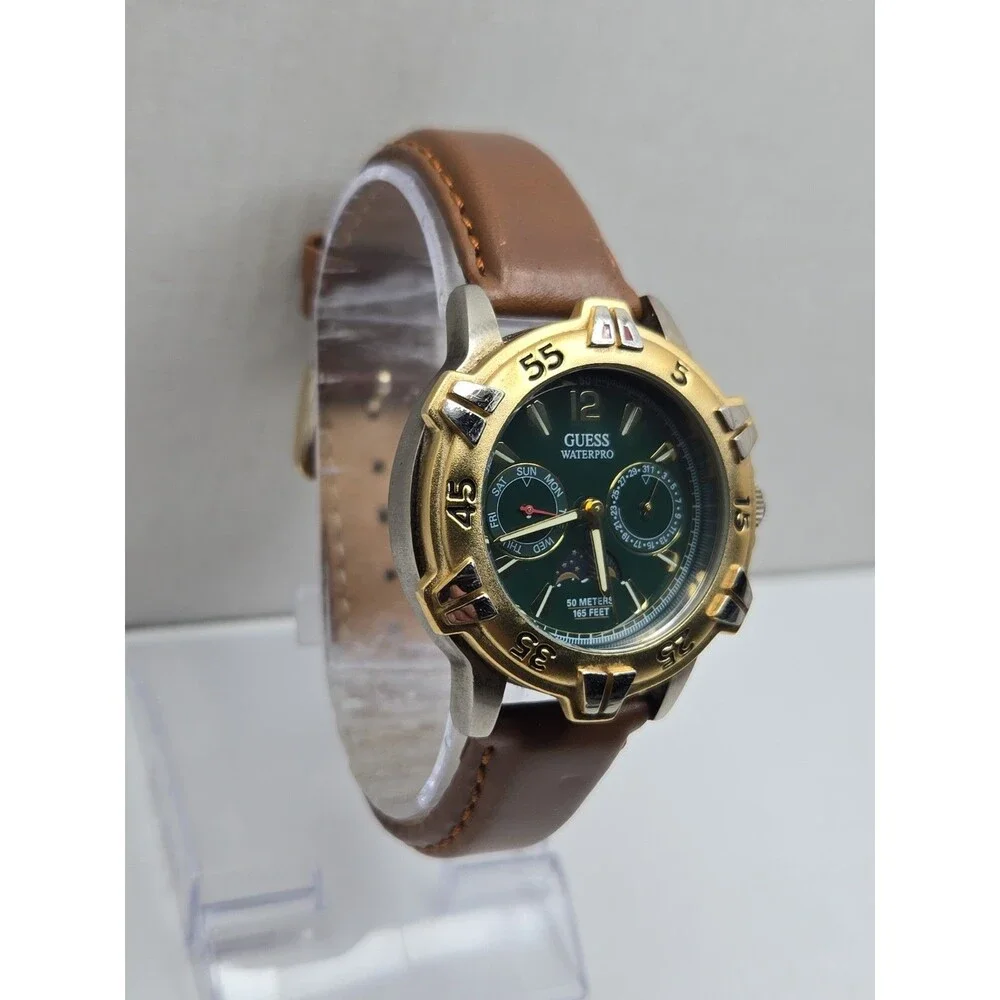 Guess Waterpro Mens Watch 39mm Moonphase Day Date Green Dial Vtg 50m New Battery
